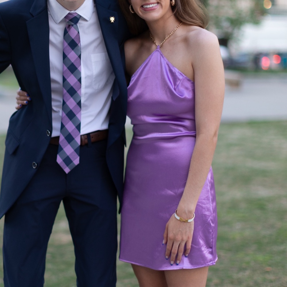 Purple Silk Chain Halter Mini Dress